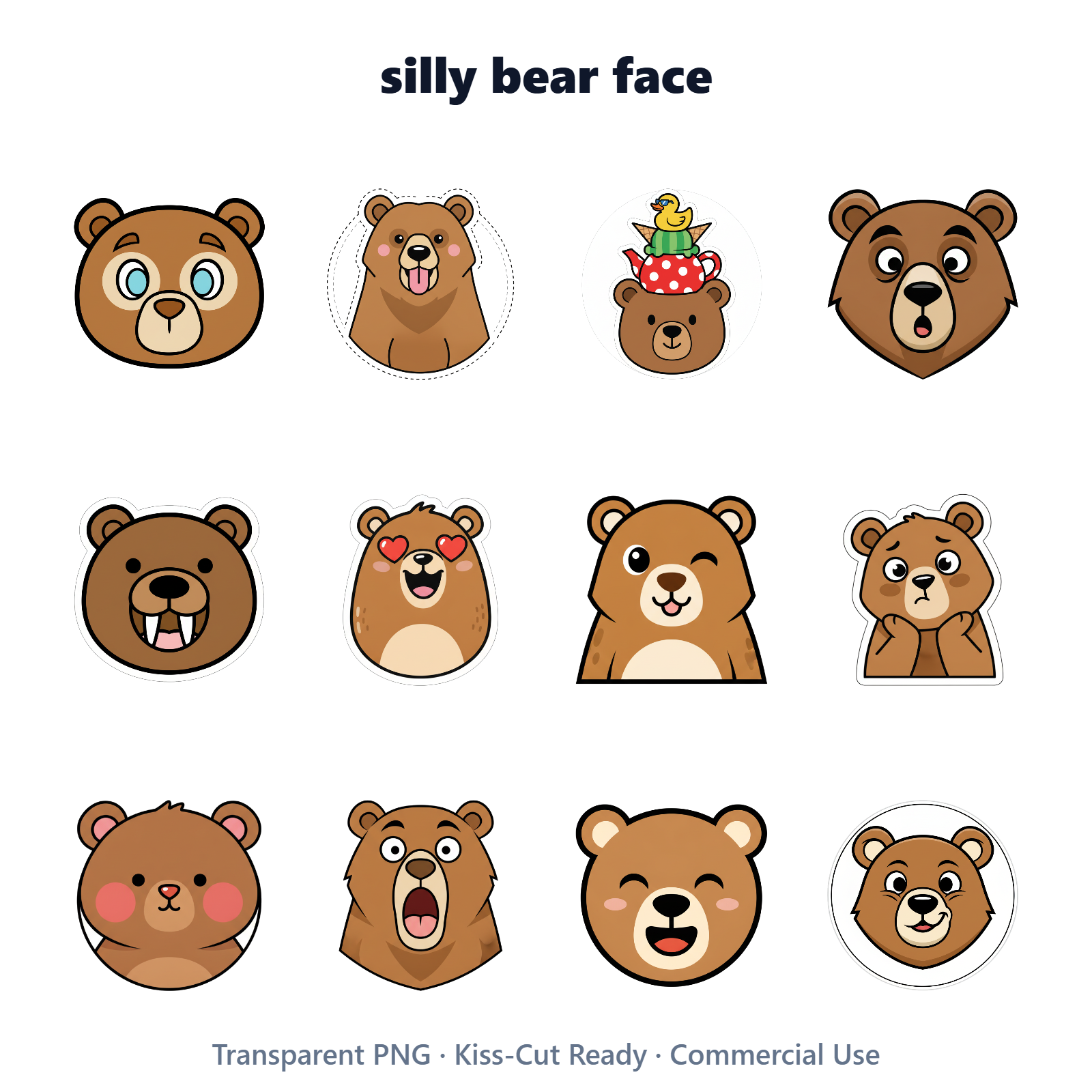 Silly Bear Face Clipart Pack | 12 Flat Vector PNG Images Transparent