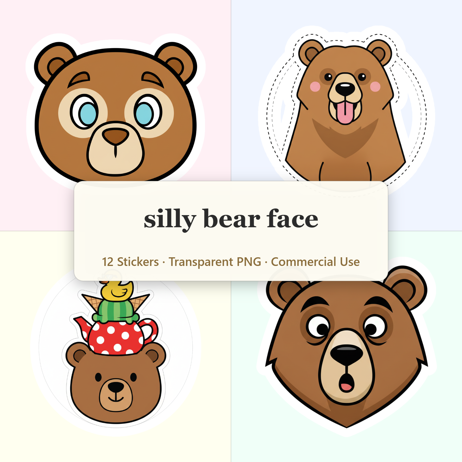 Silly Bear Face Clipart Pack | 12 Flat Vector PNG Images Transparent