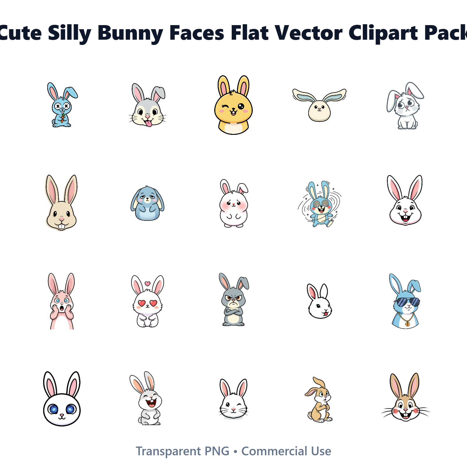 20 Silly Bunny Face Vector Clipart PNG Transparent Background