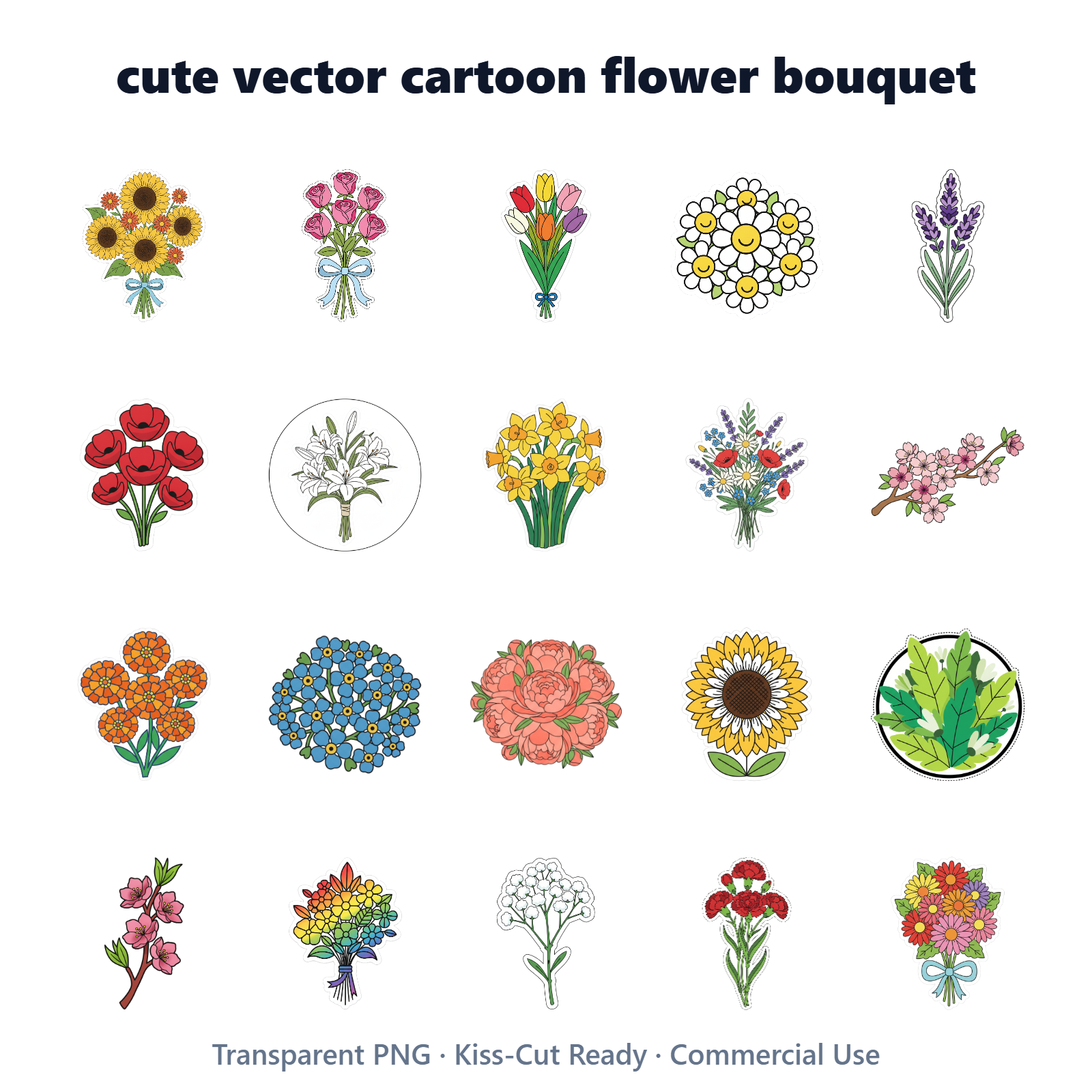 Cute Flower Bouquet Vector Stickers Digital Download | 20 Printable PNG Stickers