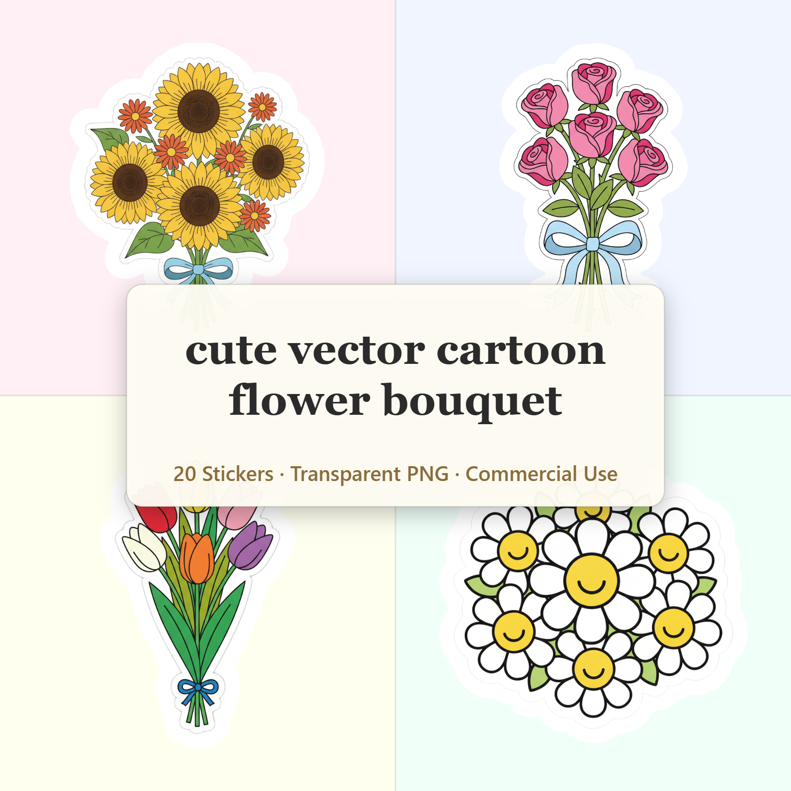 Cute Flower Bouquet Vector Stickers Digital Download | 20 Printable PNG Stickers