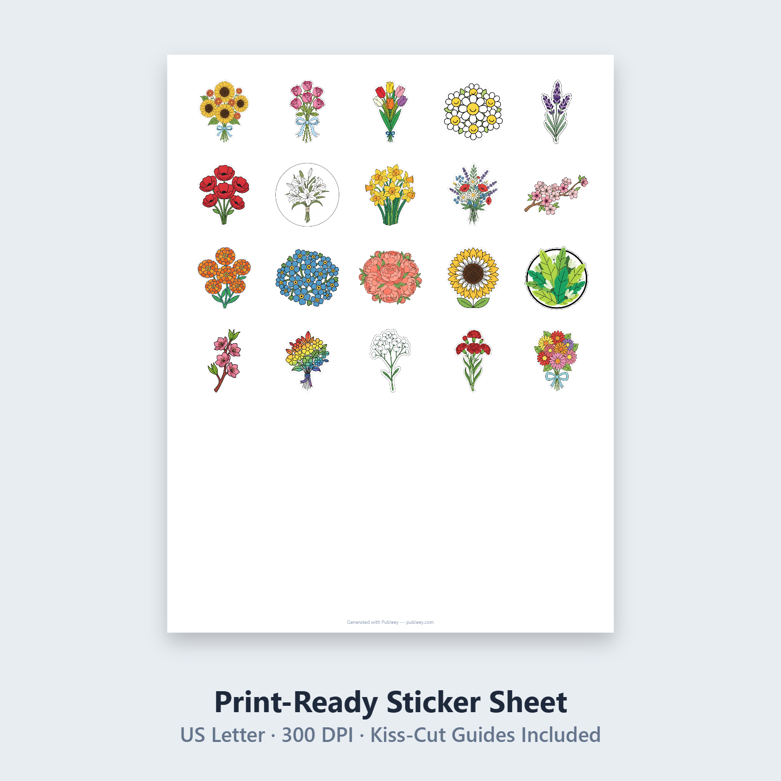 Cute Flower Bouquet Vector Stickers Digital Download | 20 Printable PNG Stickers