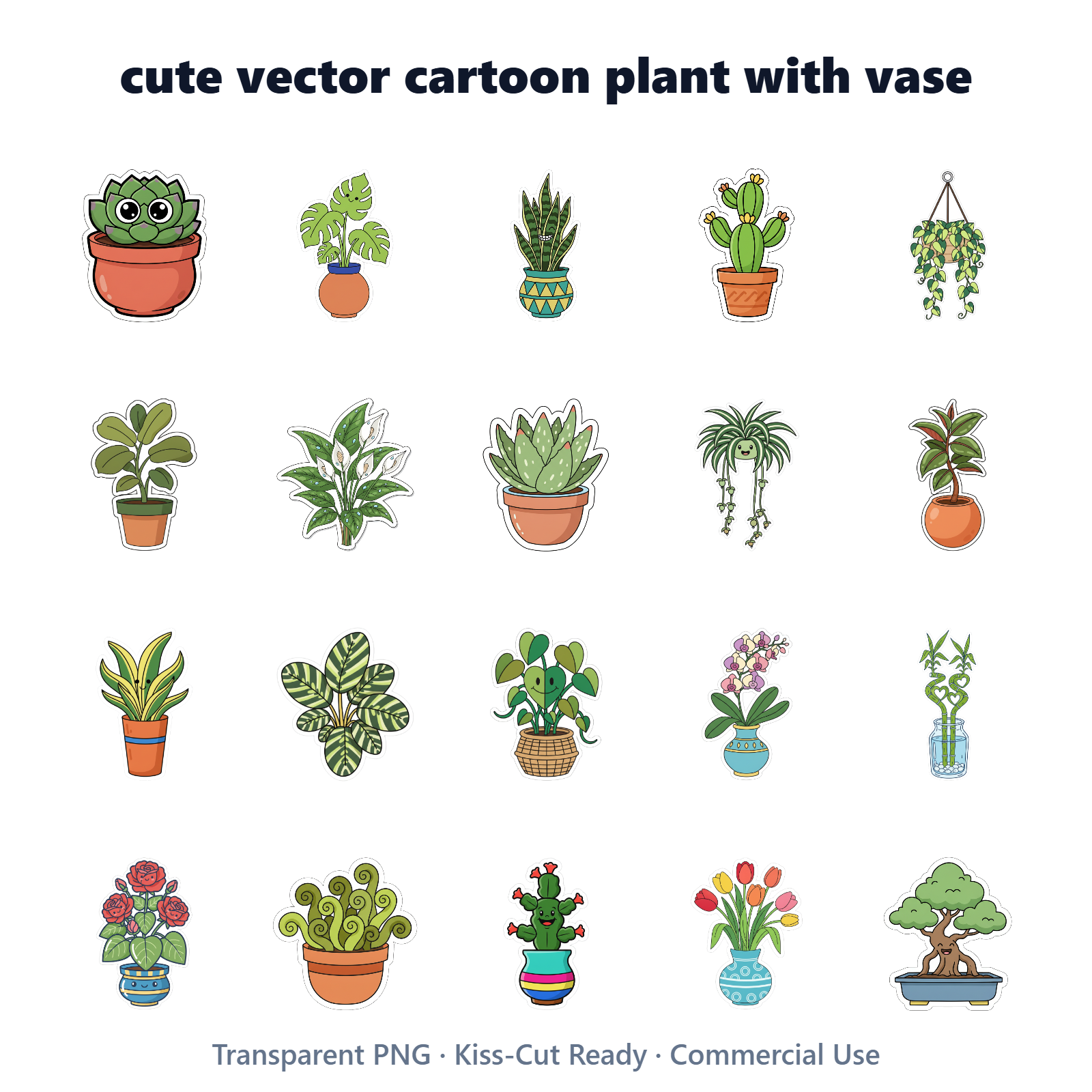 Cute Plant Vase Vector Stickers Digital Download | 20 Printable PNG Files