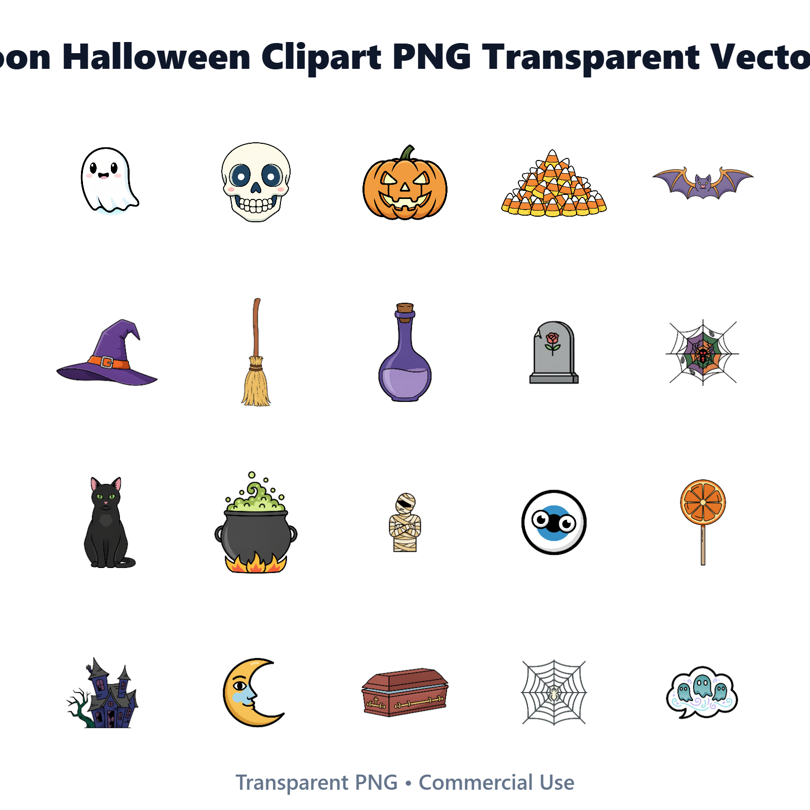 Cute Cartoon Halloween Clipart Pack - 20 Flat Vector PNG Images