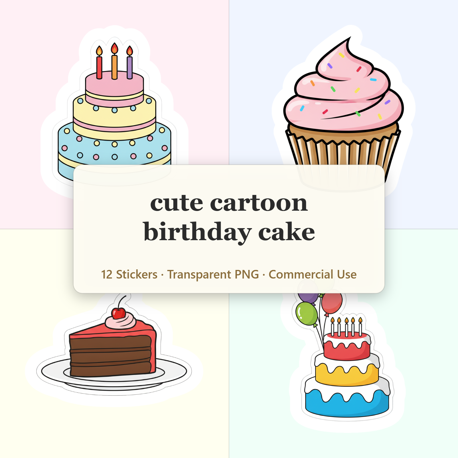 Cute Cartoon Birthday Cake Digital Sticker Sheet - Printable Stickers Download