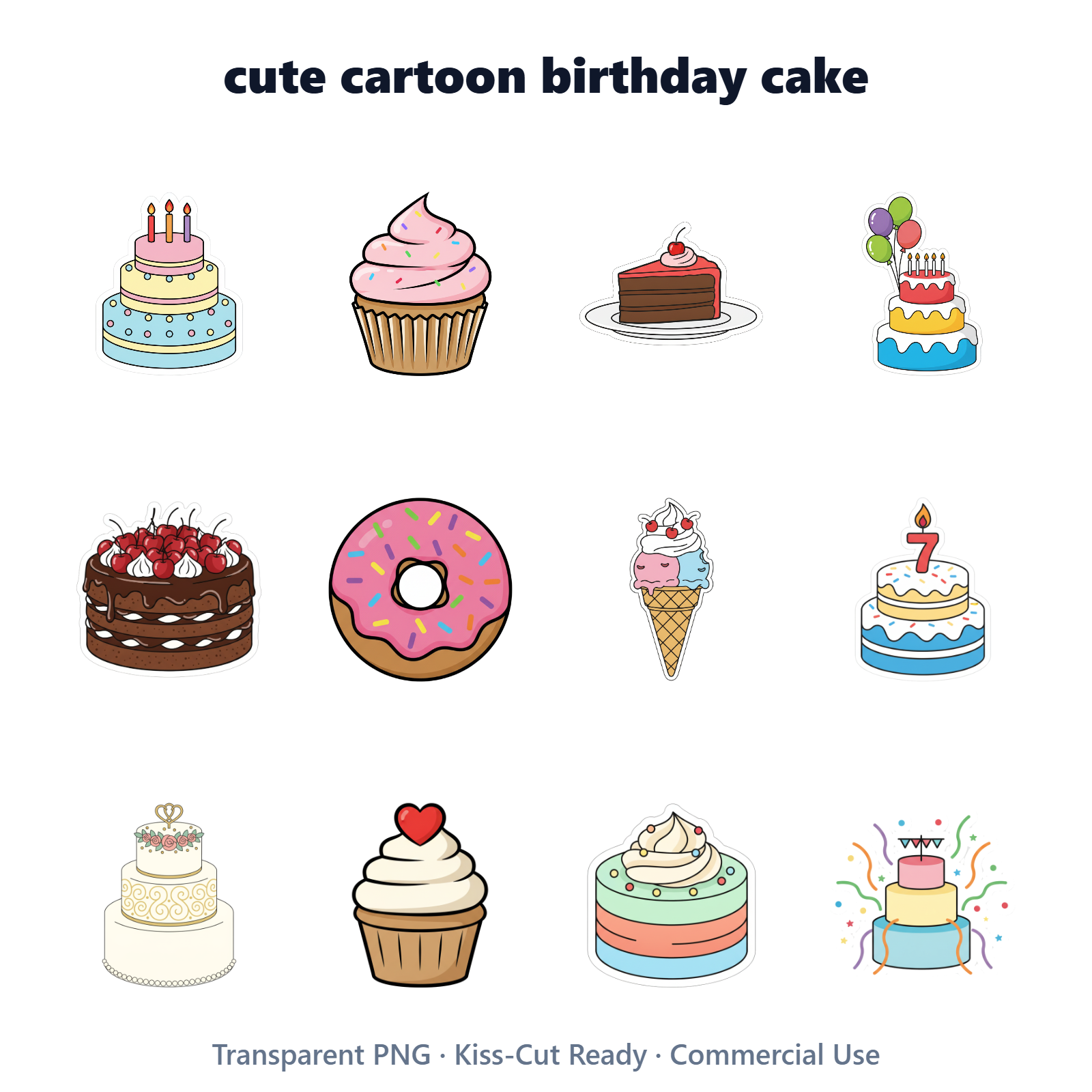 Cute Cartoon Birthday Cake Digital Sticker Sheet - Printable Stickers Download