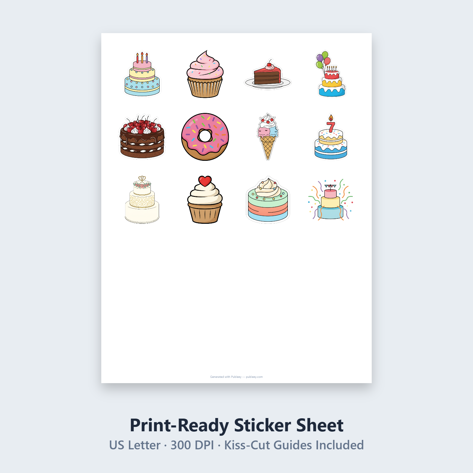 Cute Cartoon Birthday Cake Digital Sticker Sheet - Printable Stickers Download