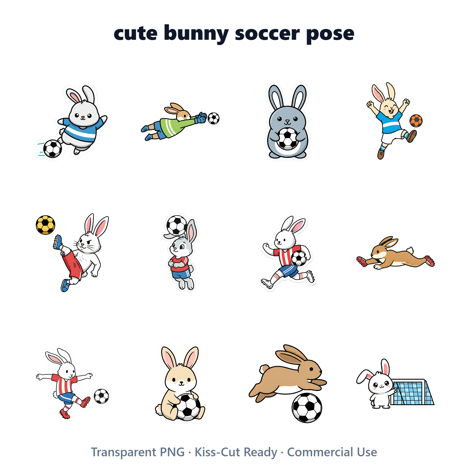 Cute Bunny Soccer Pose Digital Sticker Sheet - Printable PNG Download