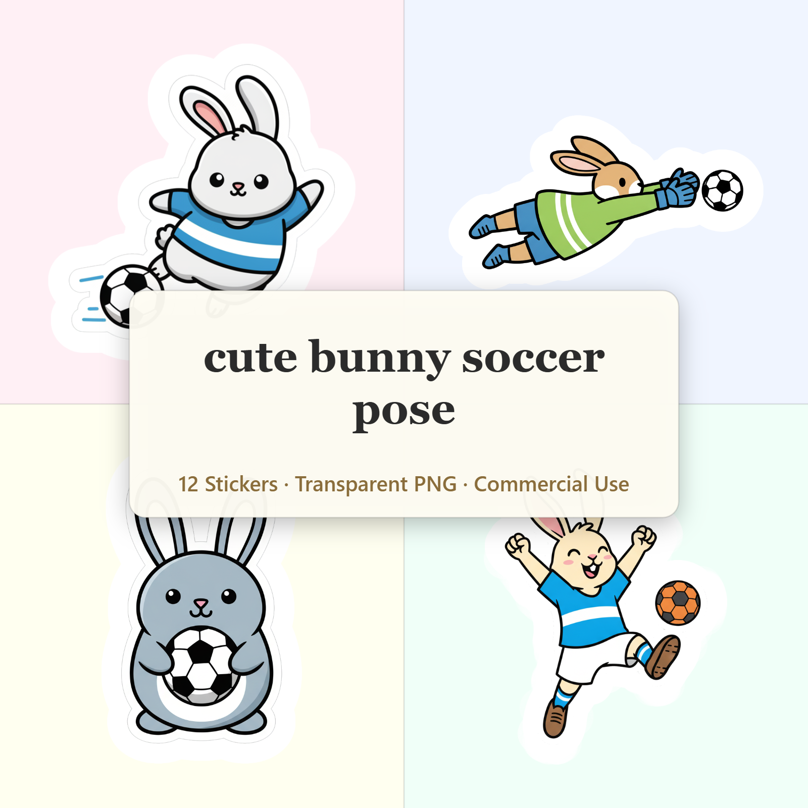 Cute Bunny Soccer Pose Digital Sticker Sheet - Printable PNG Download
