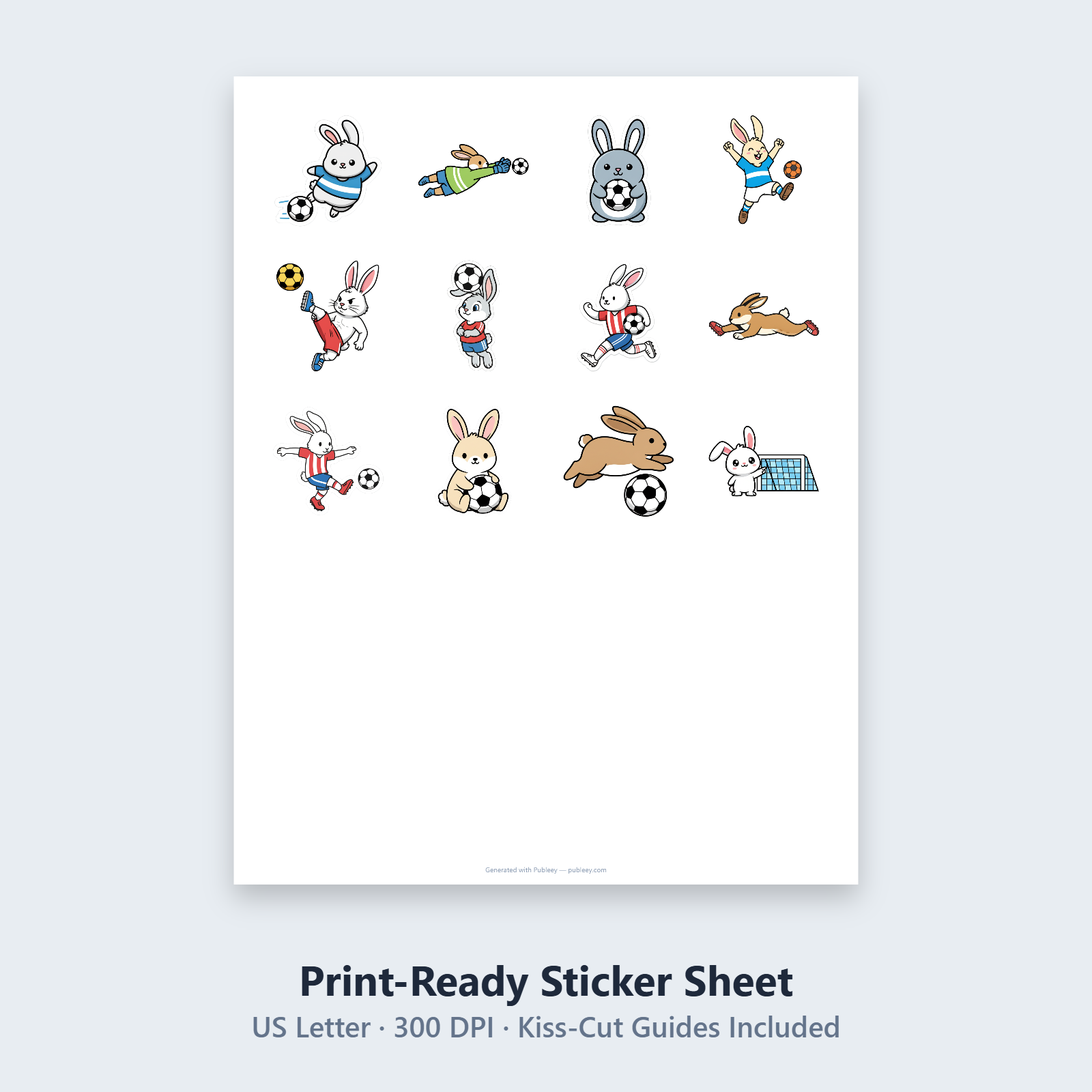 Cute Bunny Soccer Pose Digital Sticker Sheet - Printable PNG Download