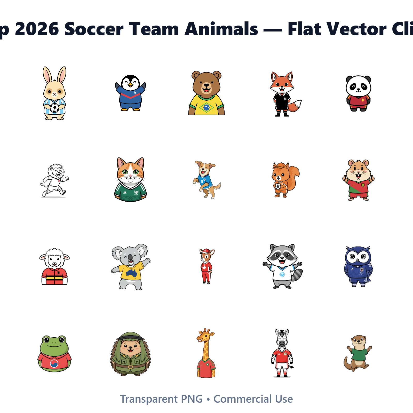 Cute Cartoon Animal Soccer Clipart 2026 World Cup Team Poses PNG