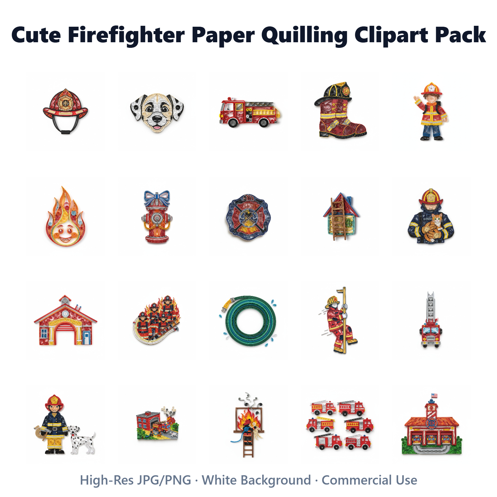 Cute Firefighters Paper Quilling Style Clipart Digital Download 20 Images