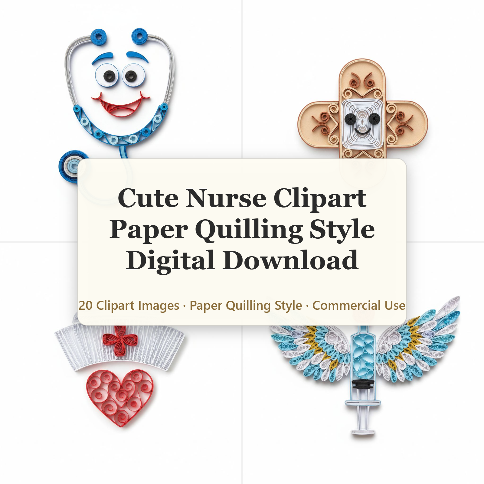 Digital Download: 20 Cute Nurse Paper Quilling Style Clipart Images only, no gude, no instruction, no patterns, no templates