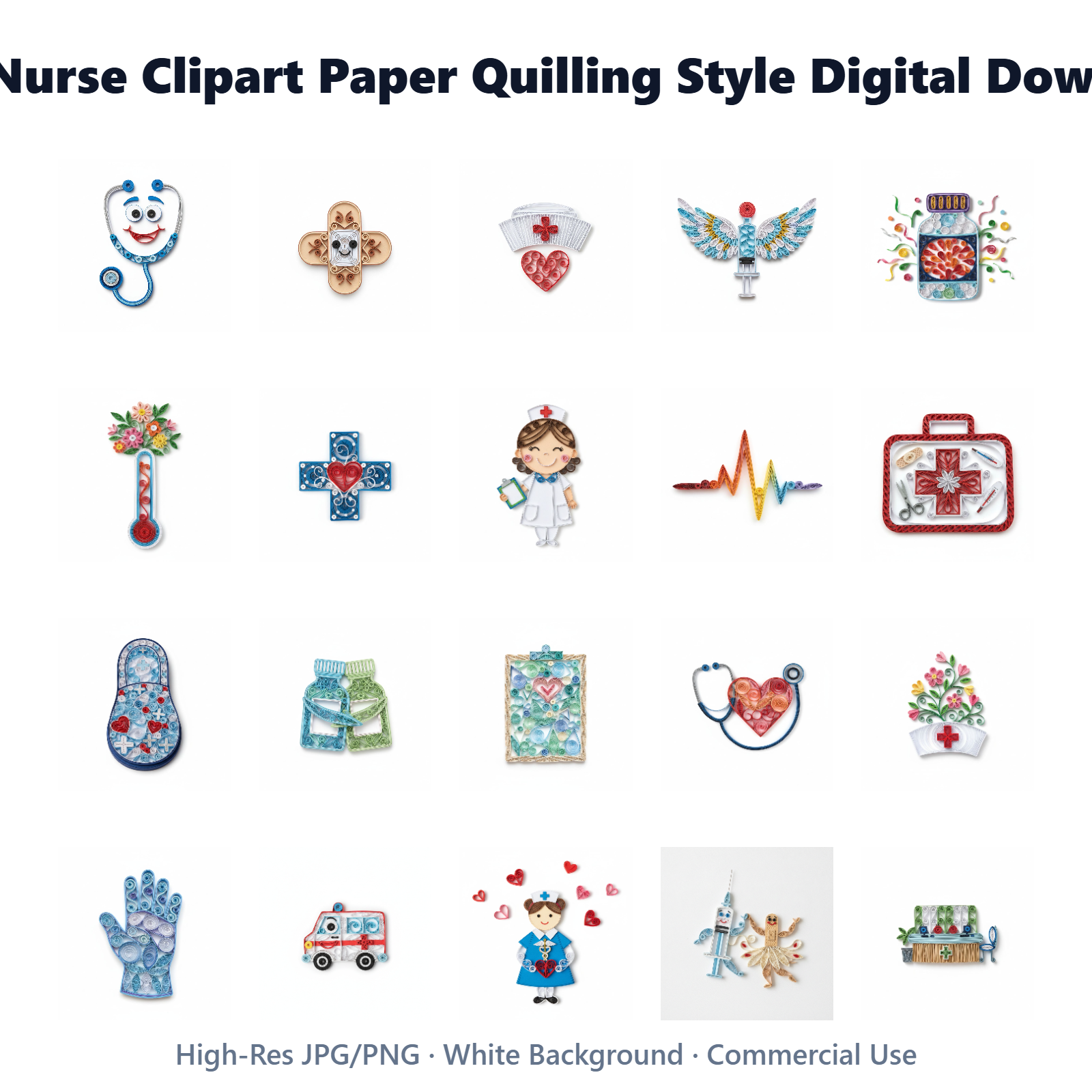 Digital Download: 20 Cute Nurse Paper Quilling Style Clipart Images only, no gude, no instruction, no patterns, no templates