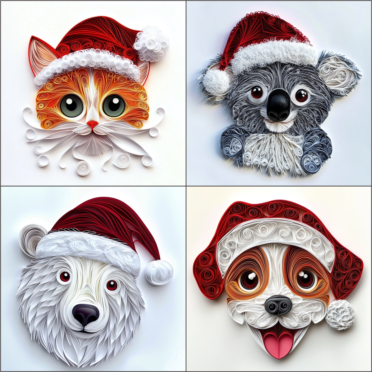 Cute Animals Wearing Santa Hat Clipart Paper Quilling Art