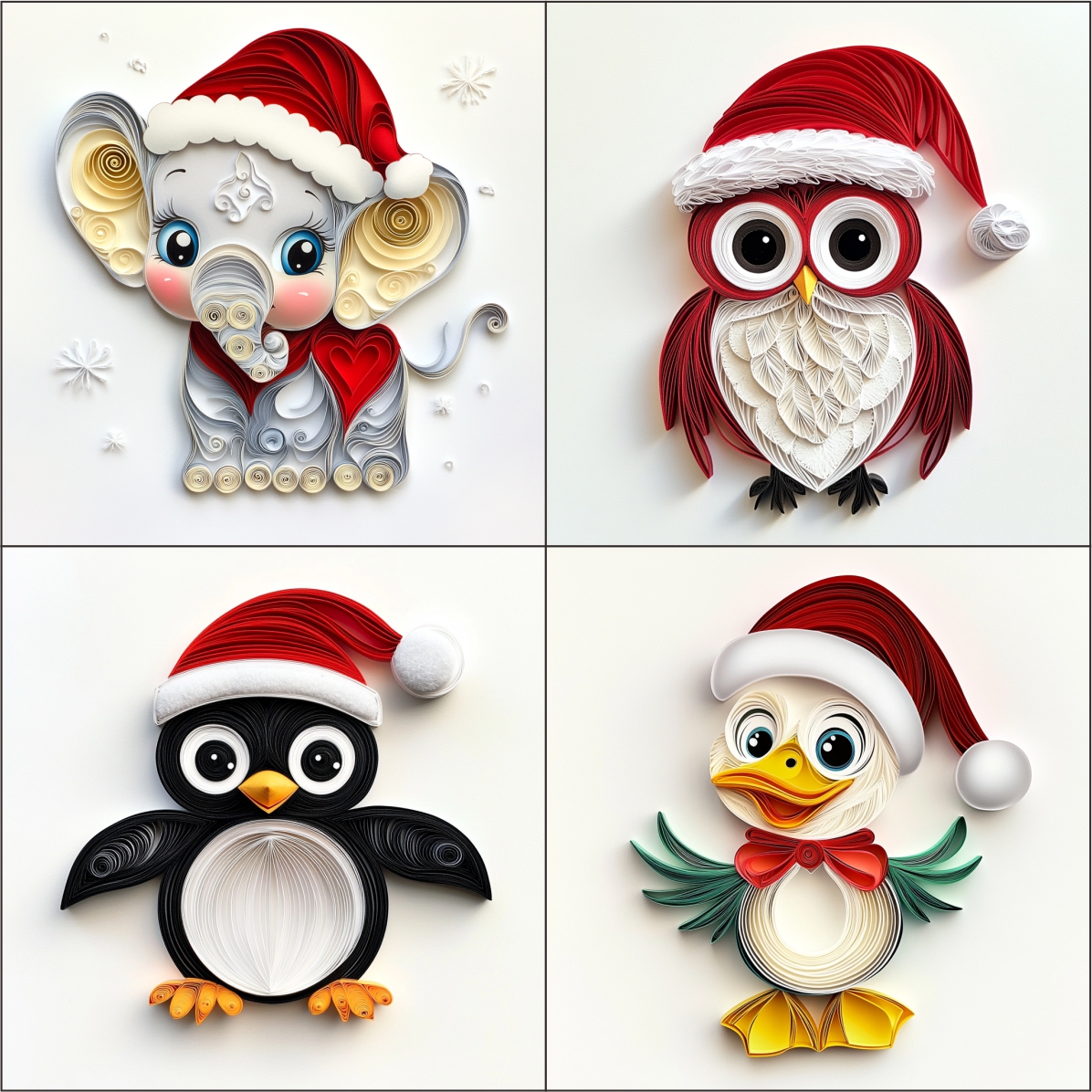Cute Animals Wearing Santa Hat Clipart Paper Quilling Art