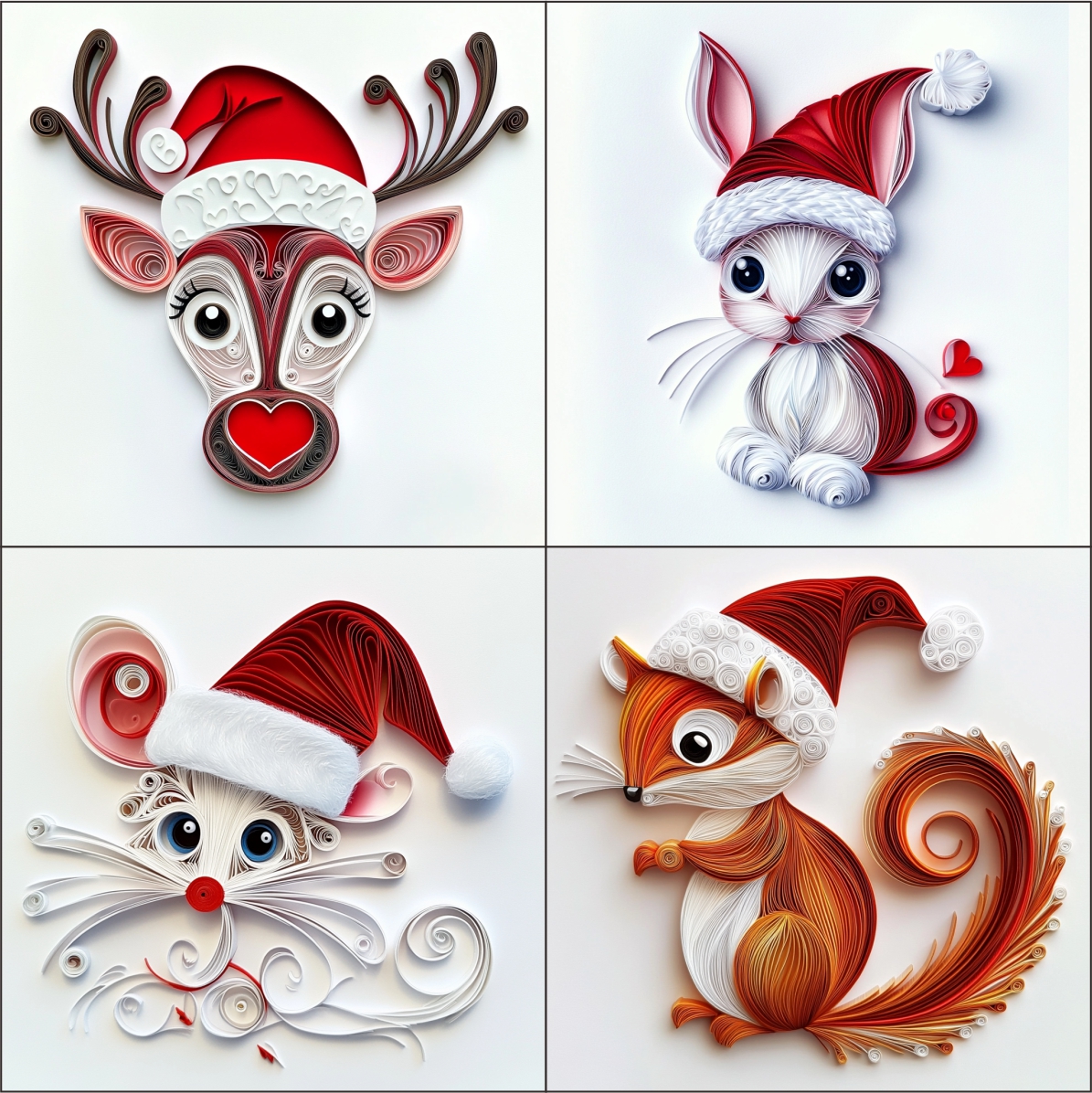 Cute Animals Wearing Santa Hat Clipart Paper Quilling Art