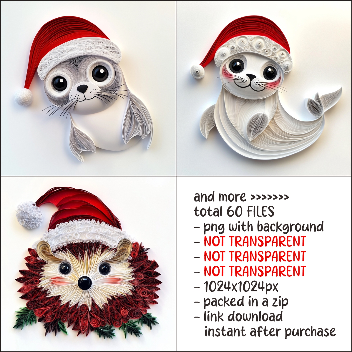 Cute Animals Wearing Santa Hat Clipart Paper Quilling Art