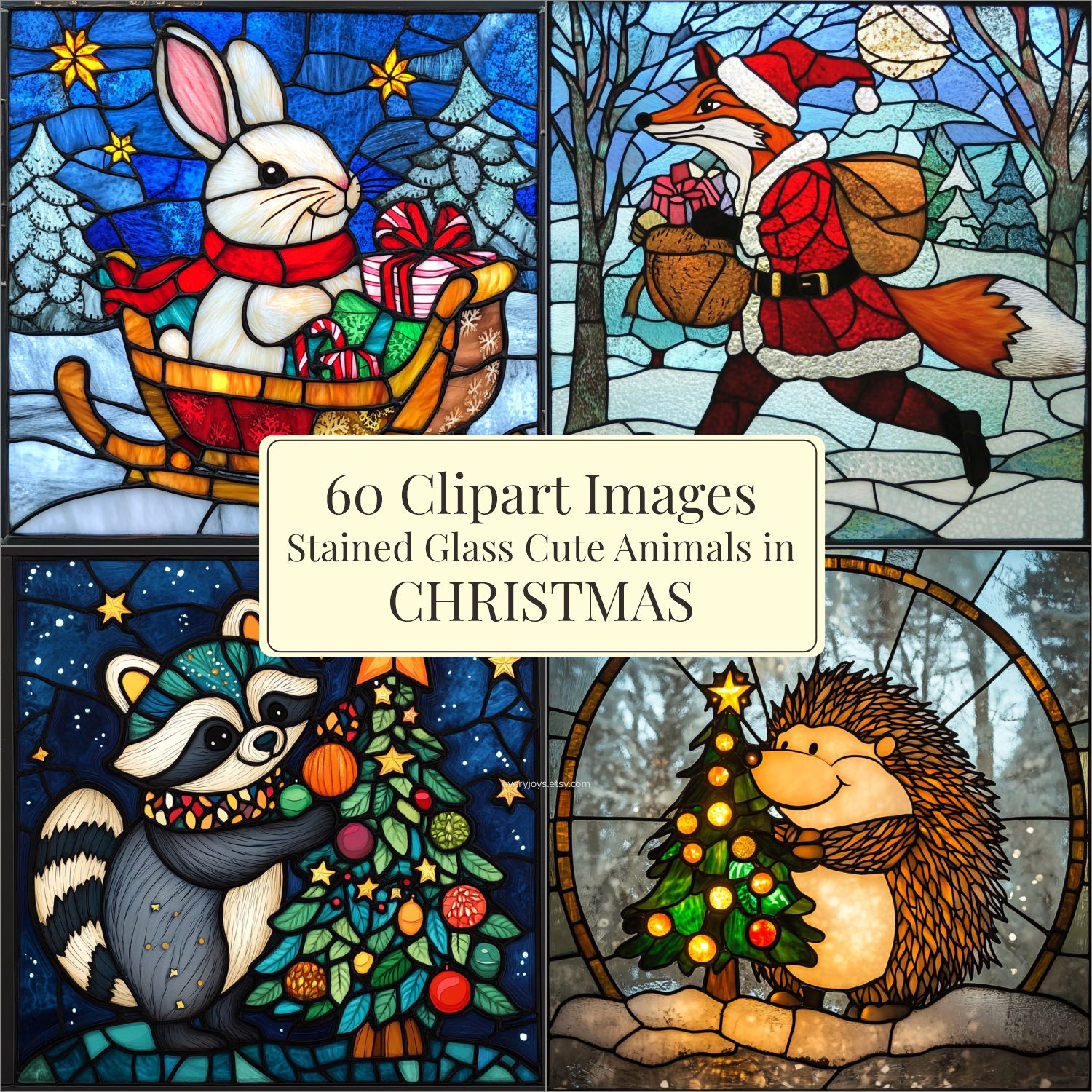 Cute Animals in christmas Stained Glass Art Style