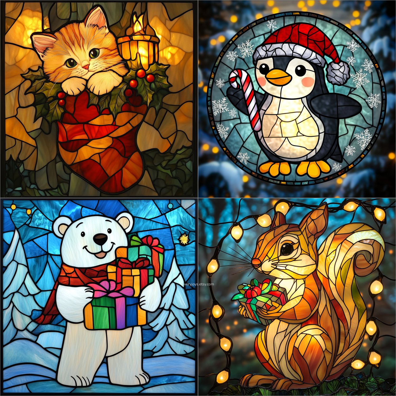 Cute Animals in christmas Stained Glass Art Style