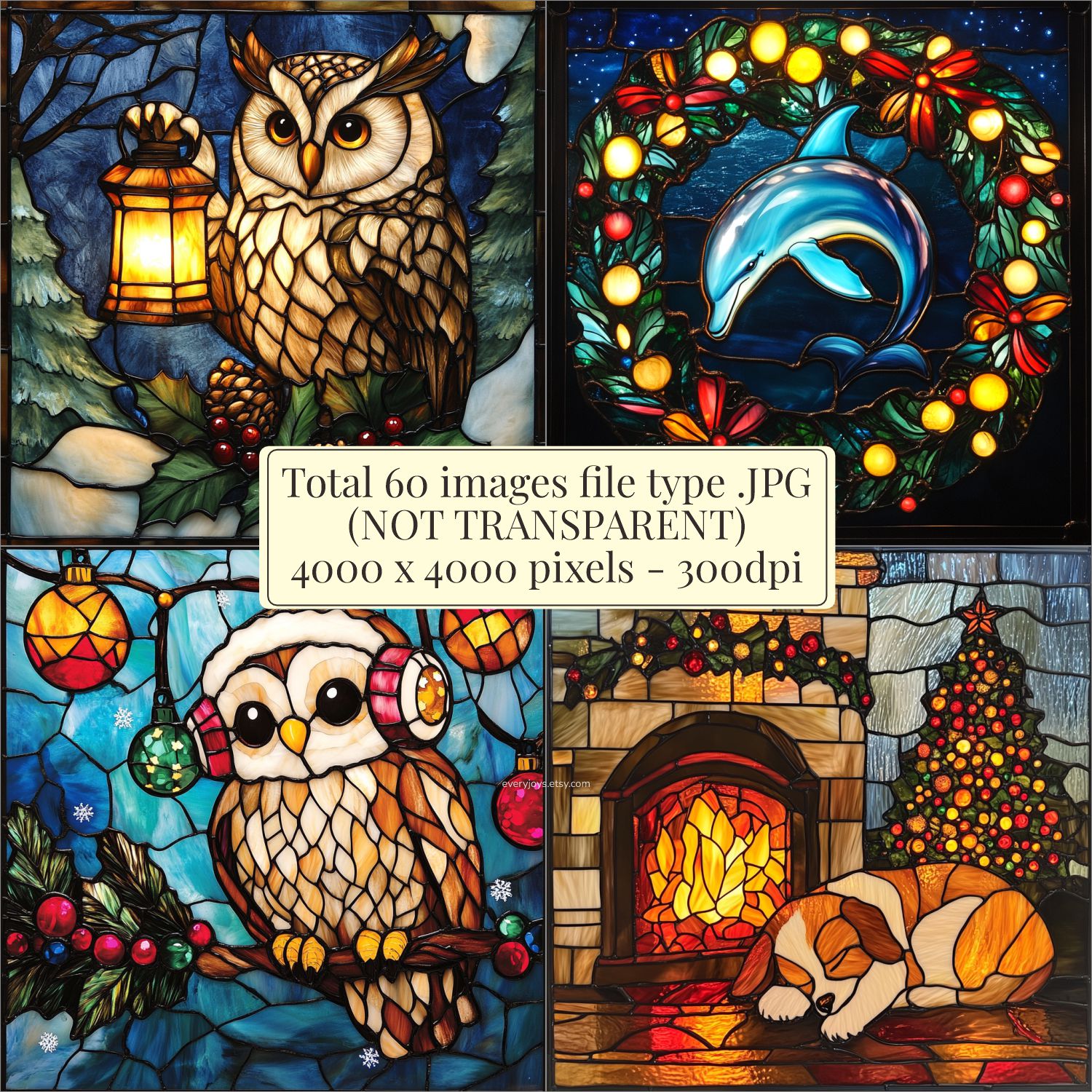 Cute Animals in christmas Stained Glass Art Style