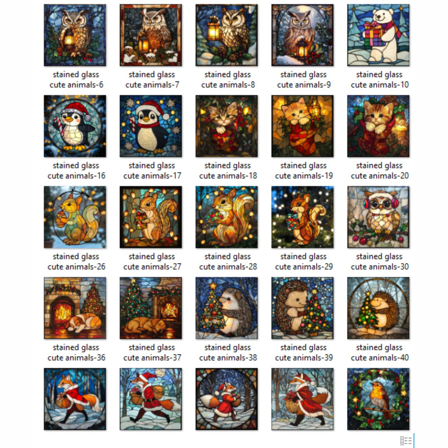 Cute Animals in christmas Stained Glass Art Style