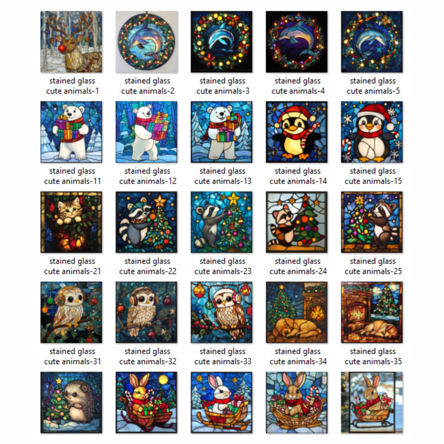 Cute Animals in christmas Stained Glass Art Style