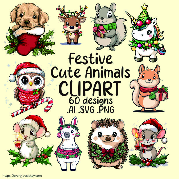Festive Animals Clipart Art cute clipart christmas