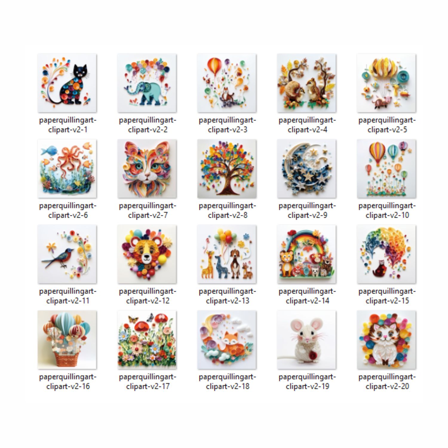 Paper Quilling Art CLIPART V2 (animals balloons) Images quilling Style Consist 20 images