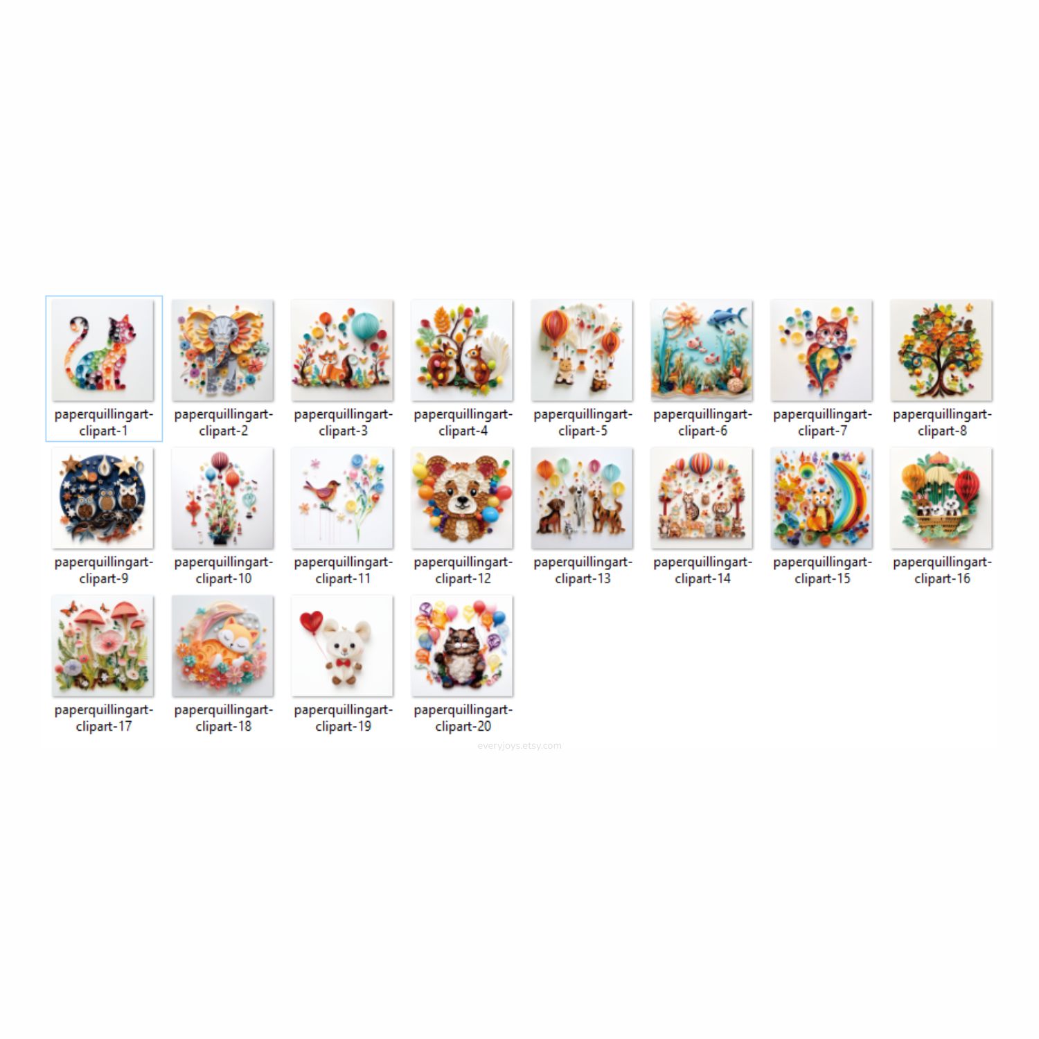 Paper Quilling Art CLIPART V1 (animals balloons) Images quilling Style Consist 20 images