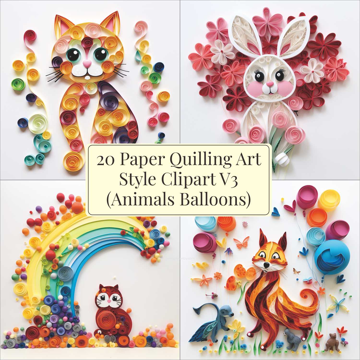 Paper Quilling Art CLIPART V3 (animals balloons) Images quilling Style Consist 20 images