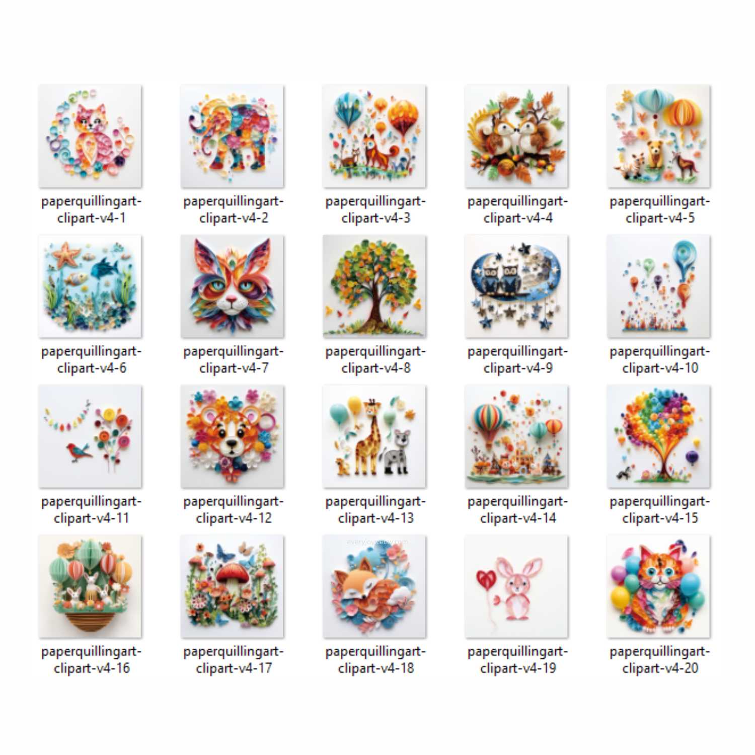 Paper Quilling Art CLIPART V4 (animals balloons) Images quilling Style Consist 20 images