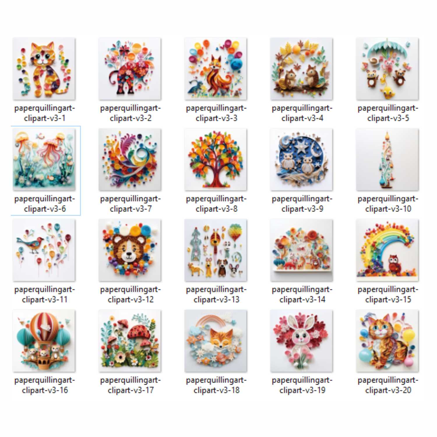 Paper Quilling Art CLIPART V3 (animals balloons) Images quilling Style Consist 20 images